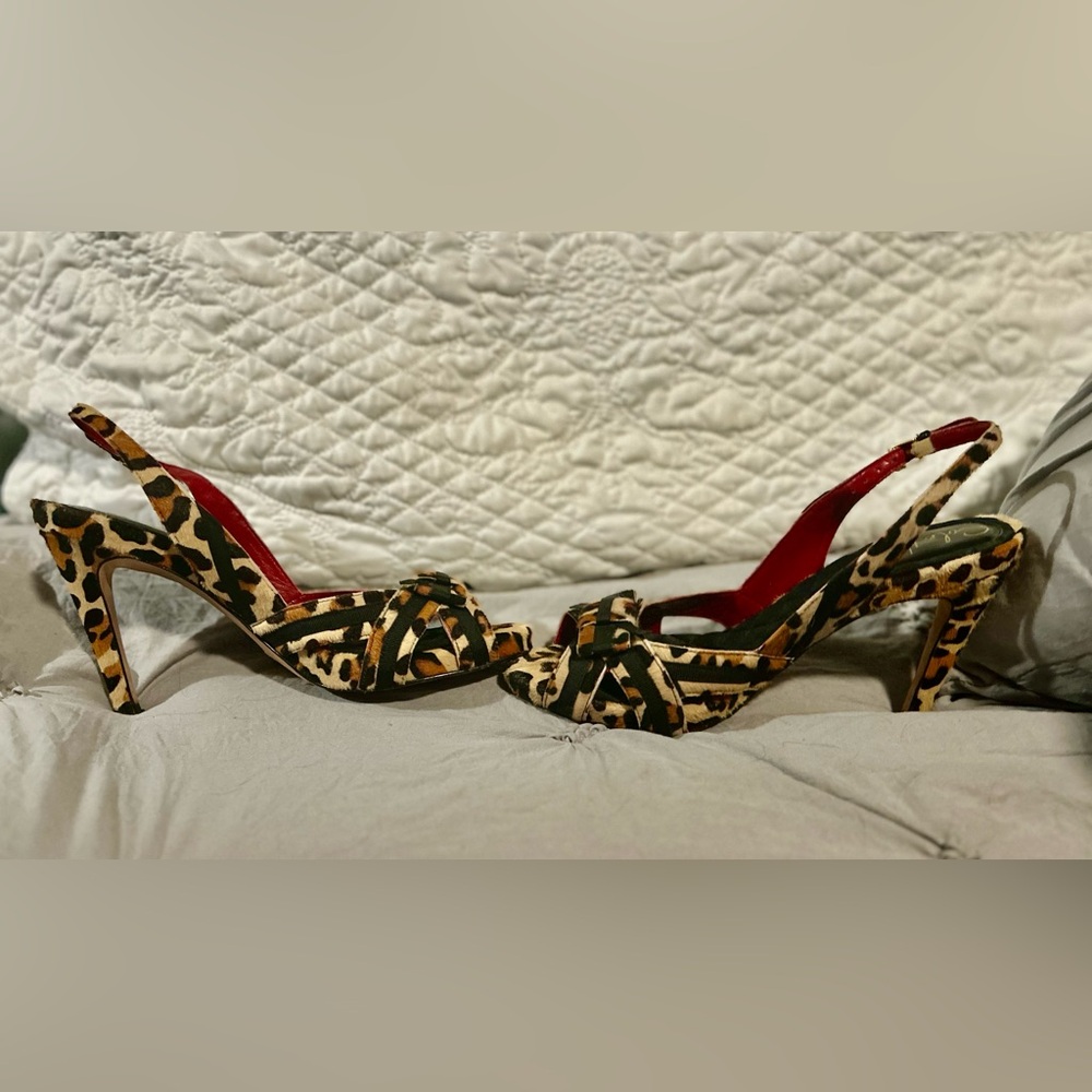Cole Haan leopard real fur open toe high heels. Worn twice to two weddings.